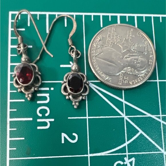 Vtg Sterling Silver 925 Garnet Dangle Earrings Faceted Red Gemstones Tested Boho - Picture 10 of 12